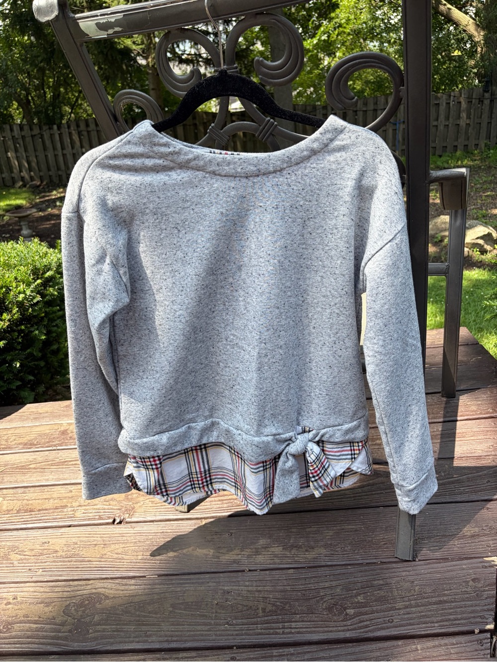 Izod Women’s Gray long-sleeve with Plaid Hem and Front Tie